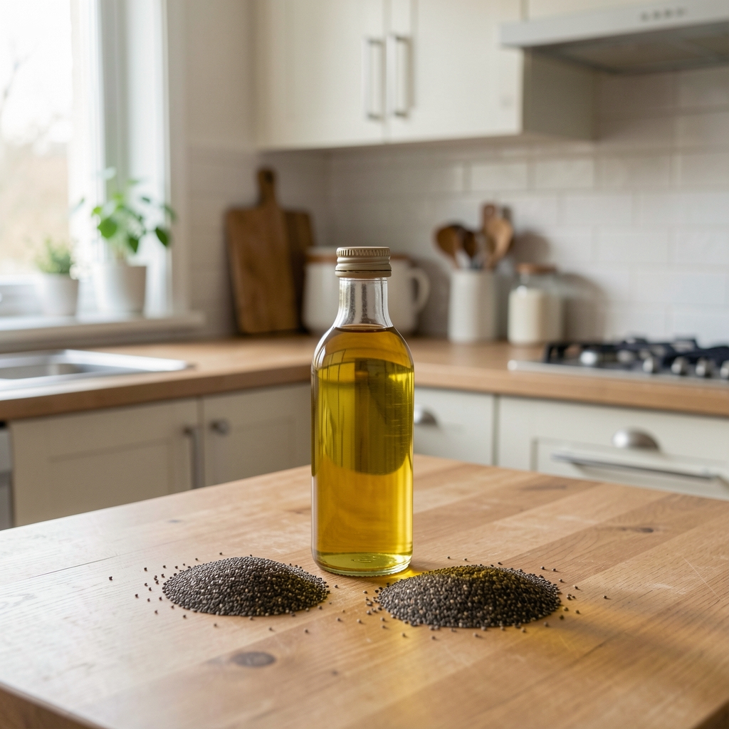 Morgenküche mit Chiasamen und Leinöl-Flasche im Bildmittelpunkt, natürliches Tageslicht
