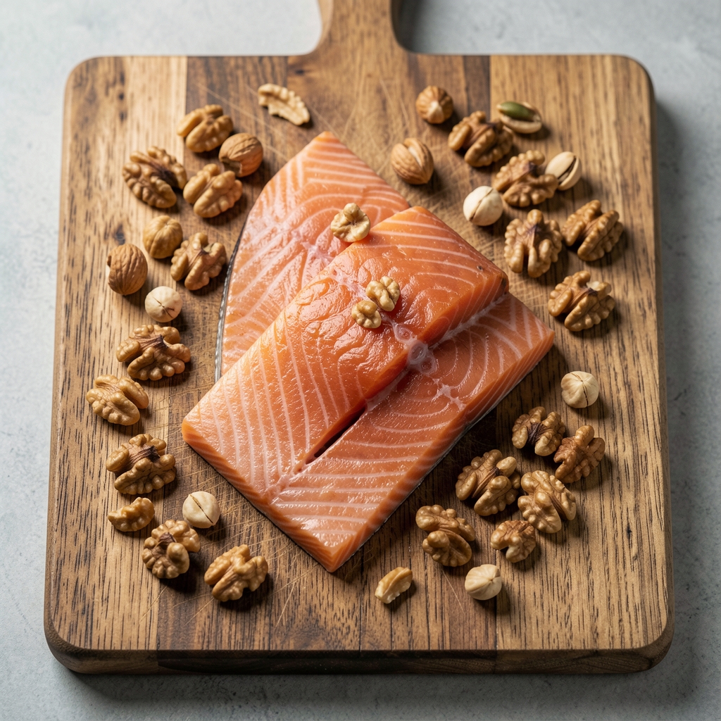 Lachs und Walnüsse auf einem Schneidebrett, Draufsicht – Omega-3-reiche Zutaten für achtsames Kochen